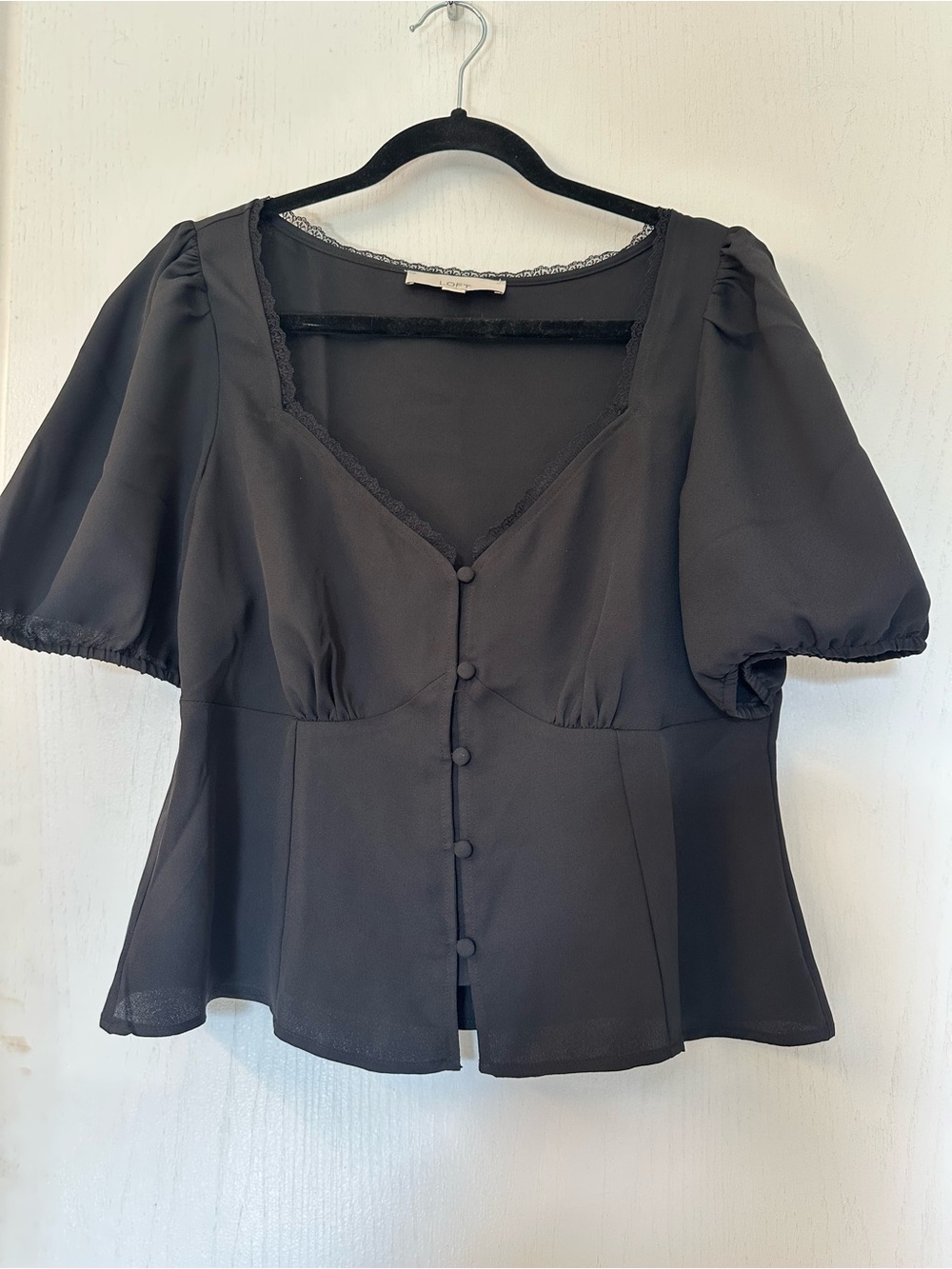 LOFT corset like Black Button-Front Puff Sleeve Blouse